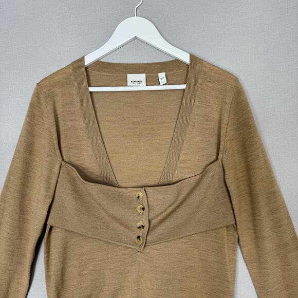 Burberry Sweater Womens Medium Brown Merino Wool Deep V Neck Layered Overlay - Picture 2 of 16